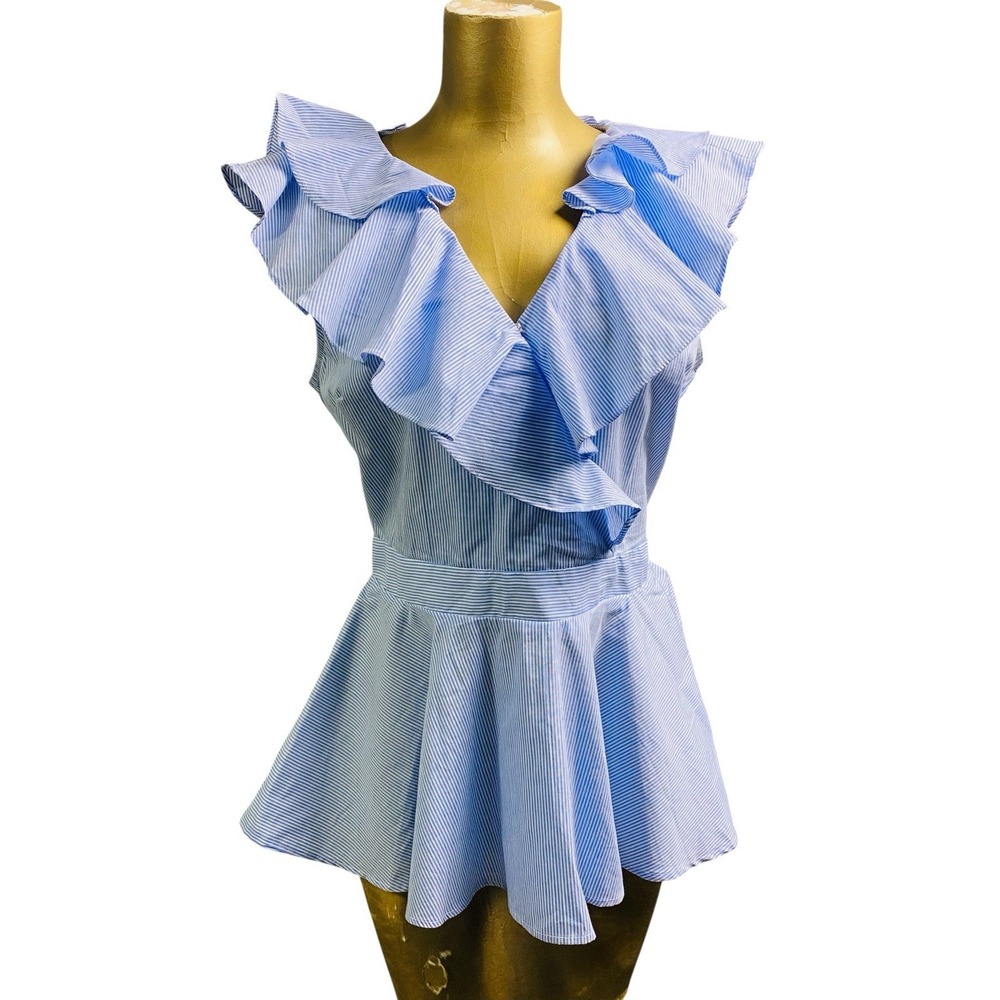 & Merci Women's Blue White Pinstripe Ruffle V Neck Peplum Top Blouse Tank S Med